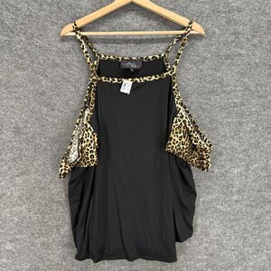 New Sayany Thing Blouse Women 1X Plus Black Animal Print Cold Shoulder Casual